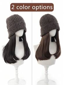 Synthetic Hat Wig Knitted Hat Wig, Hat Hair Extension Straight Hair Grey Hat Wig With Attached Synthetic Hairpiece For Women Girls Winter -Cold Brown Brown Black - Multicolor - View 2