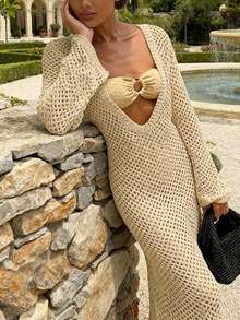 Women's Long Hollowed Double Face Can Wear Backless Thin Beach Holiday Smock Crochet Long Sleeve Knit Dress Vacation Outfits Sexy Plus Size Beachwear Bikini Two Way Wear Ups Mesh Maxi, Spring Summer Fall - Yellow - View 1