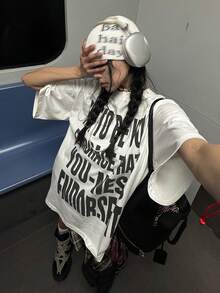 圆领短袖T恤，夏季新款字母印花，时尚休闲宽松女式上衣 - 白色 - 查看 7