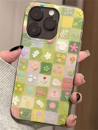 Cute Green Plaid Floral Rabbit Soft Phone Case, Compatible With IPhone 17 Pro Max, 17 Pro, 17, 16, 15, 14, 13, 12 Pro Max, 11