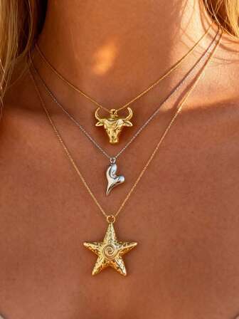 时尚牛头、五角星和心形吊坠项链一件，百搭项链