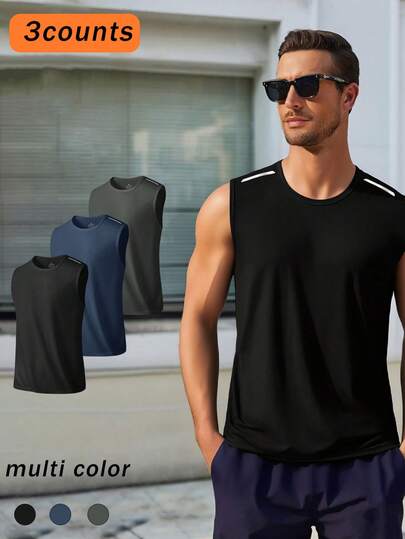 （注：早春/夏季上市）3 件装男士运动无袖上衣，多色速干透气背心，适合健身、跑步和训练