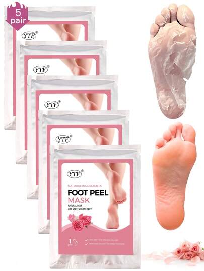 5 pares de Máscara exfoliante y humectante para pies con rosa y aloe vera - Con ácido láctico, urea y ácido málico para pies ásperos y secos. Calcetines esenciales de color beige claro, producto para el cuidado de los pies y pedicura. Regalo de Navidad