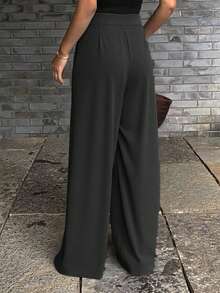 Livesso Women Solid Color Pleated Casual Pockets High Waist Wide Leg Pants,Back To School Clothes - Grey - View 4