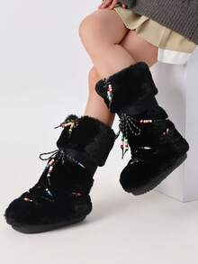 Knee High Boots For Women Mid-Calf Flat Fuzzy Boots Round Toe Slip On Boots Lace Up Bow Comfortable Boots Party Dressy Outdoor Fashionable Fashion Boots - 黑-A - 查看 9