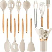 Silicone Cooking Utensil Set,12 PCS Cooking Cookware Kitchen Utensils Set For Cooking, Nonstick 446°F Heat-Resistant Cookware Kitchen Tools Of Spoon,Brush,Whisk,Spatula,Turner Tongs (Khaki) - Khaki - View 1