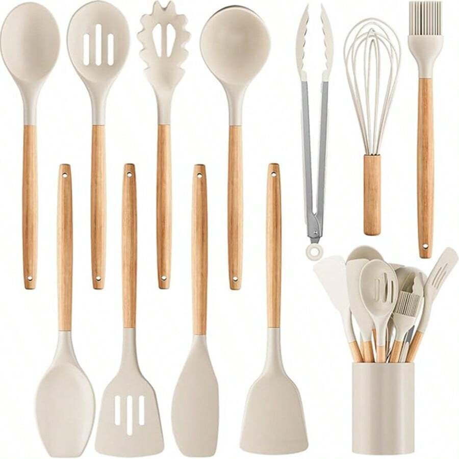 Silicone Cooking Utensil Set,12 PCS Cooking Cookware Kitchen Utensils Set For Cooking, Nonstick 446°F Heat-Resistant Cookware Kitchen Tools Of Spoon,Brush,Whisk,Spatula,Turner Tongs (Khaki) - Khaki - View 1