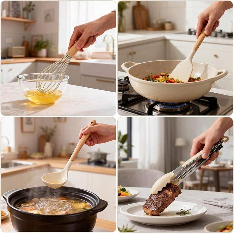 Silicone Cooking Utensil Set,12 PCS Cooking Cookware Kitchen Utensils Set For Cooking, Nonstick 446°F Heat-Resistant Cookware Kitchen Tools Of Spoon,Brush,Whisk,Spatula,Turner Tongs (Khaki) - 卡其色 - 查看 9