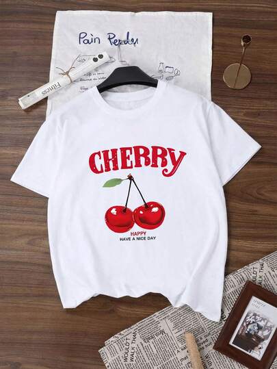 Es Trus Plus 夏季女装趣味印花嘻哈“樱桃水果字母”个性图案印花街头韩版舒适复古时尚通勤百搭 Y2k 服装女装适合户外休闲常规小众朋克风格白色宽松加大码圆领短袖T恤