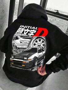 Men's Drifting Car And Japanese Anime Patterned Hooded Sweatshirt With Plush Print On The Back, Loose Fit With Racing Design, Casual Winter Pullover For Racing Enthusiasts (Machine Washable) Men's Hooded Sweatshirt - Black - View 2