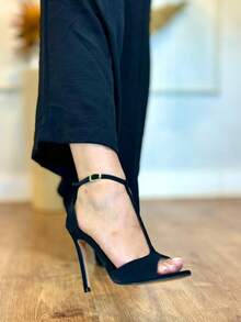 ANGELA GALVAO Sandal Shoe With Central Strap And Buckle, 11cm Heel, Summer - Da Nubuck đen, Đế màu be - Xem 4