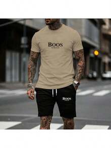 Men's Set: T-Shirt, Shorts, Stylish, Sporty, Classic, 100% Cotton, CB007 - Màu Khaki - Xem 2