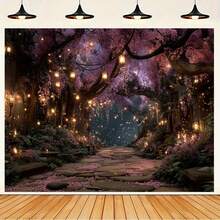 1 Magic Forest Tapestry - Charming Purple Cherry Blossom Tree And Glowing Lantern Wall Decoration, Horizontal Fantasy Landscape Painting, Suitable For Living Room, Bedroom, Studio Background Tapestry, No Power Required, Easy To Hang And Install, Suitable For Both Indoor And Outdoor Use, High-Quality Printing, Mysterious Atmosphere, Home Decoration, Event Arrangement - 彩色 - 查看 1
