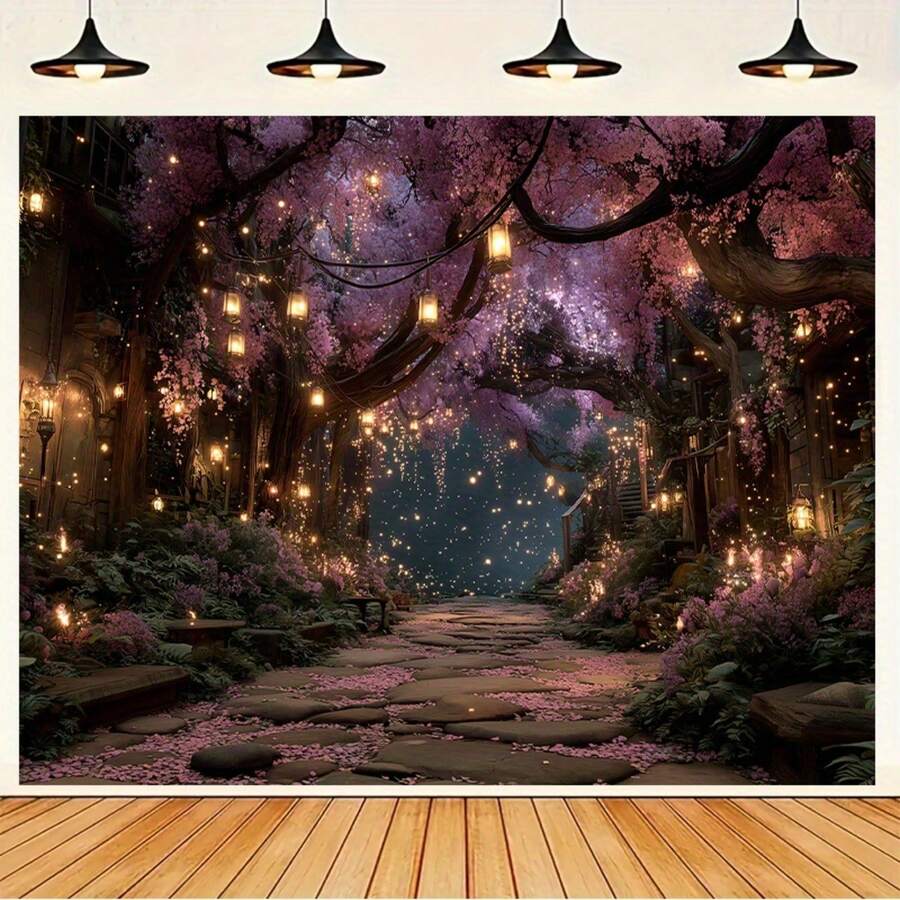 1 Magic Forest Tapestry - Charming Purple Cherry Blossom Tree And Glowing Lantern Wall Decoration, Horizontal Fantasy Landscape Painting, Suitable For Living Room, Bedroom, Studio Background Tapestry, No Power Required, Easy To Hang And Install, Suitable For Both Indoor And Outdoor Use, High-Quality Printing, Mysterious Atmosphere, Home Decoration, Event Arrangement - 彩色 - 查看 1