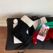 1 Peça Bolsa de Ombro Aberto com Patch de Pelúcia e Falso Camurça com Design de Bota para Meninas, Bolsa Transversal Adequada para Outono/Inverno, Festa de Natal