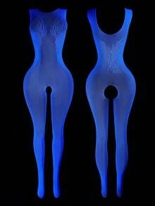 Salopetă sexy din plasă fluorescentă, albastru strălucitor, albă, culoarea luminii zilei, dintr-o singură bucată, cu detalii din dantelă și design fără picioare, pentru petrecere, club de noapte și festivaluri - alb - Vizualizare 4