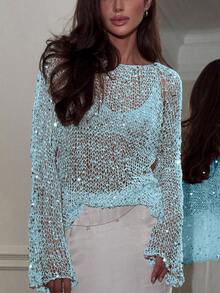 Yuwenier Sexy Cut Out Ausschnitt Transparenter Pailletten verzierter Häkel-Cover-Up mit Fledermausärmeln, locker sitzende Oberteile für Rave-Partys für Frauen