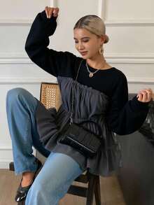 Livesso Women's Loose Fit Round Neck Long Sleeve Black Patchwork Sheer Mesh Fabric Casual T-Shirt, Versatile For Autumn/Winter - Black - View 4