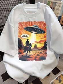1 pieza de camiseta estampada para hombre - Diseño de vaquero sobre un caballo viendo un OVNI en el desierto bajo el sol, camiseta casual de manga corta con cuello redondo para ropa urbana, - Negro - Ver 9