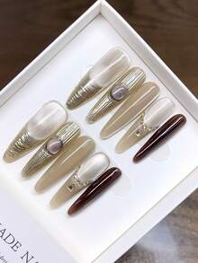 纯手工制作长椭圆形美甲贴片；手绘猫眼个性化秋冬美甲；高品质简约设计美甲贴片，覆盖式假指甲，Y2K风格美甲用品，手工按压式美甲贴片 - 彩色 - 查看 2