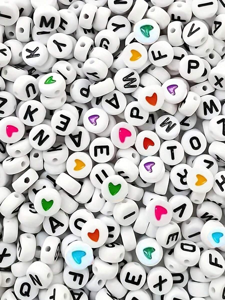 1000/500/200颗心形字母珠，亚克力字母珠，7x4毫米，适合DIY手链和首饰制作，时尚主题合成吊坠，无金属镀层 - 彩色 - 查看 1