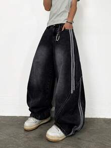 1件 Justice Brother 复古茧型男士牛仔裤，喇叭拼接宽松休闲阔腿裤 - 黑色 - 查看 2