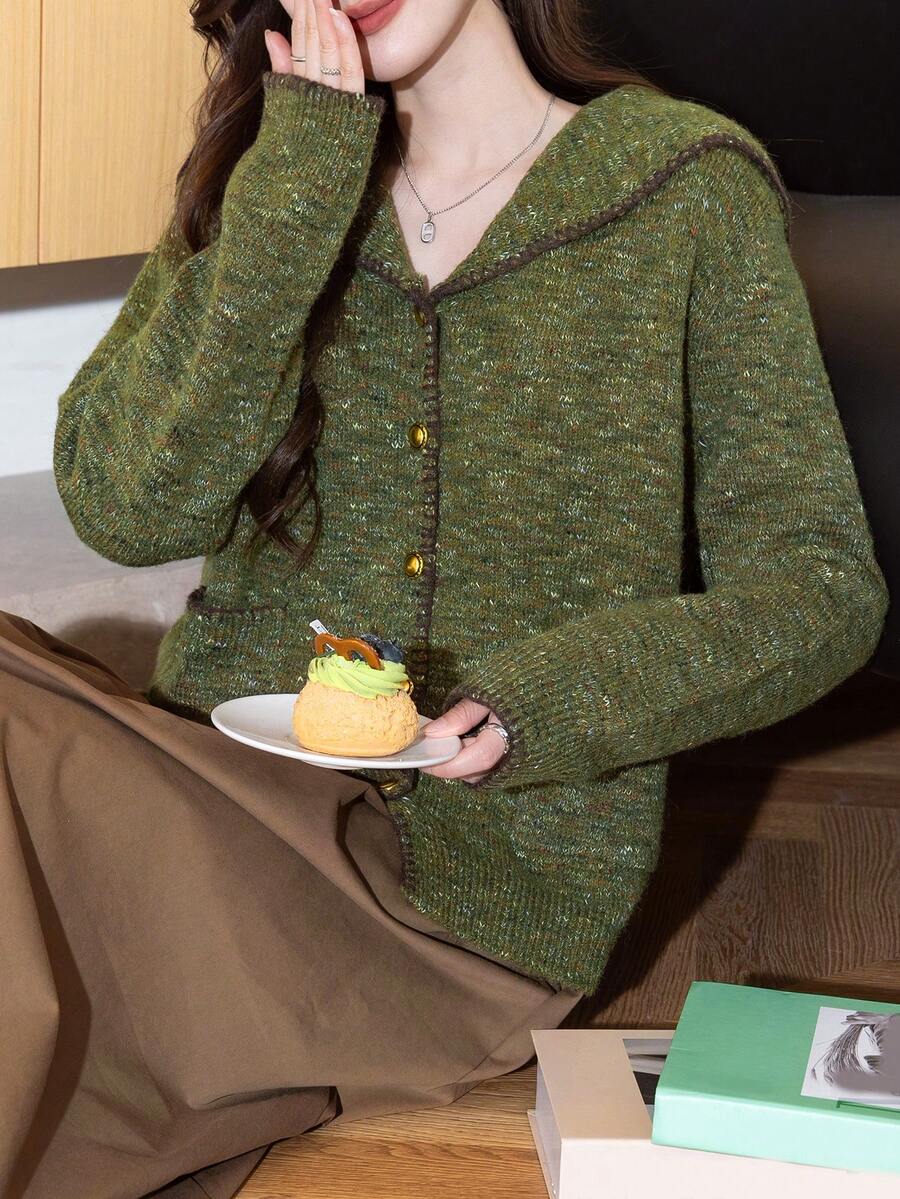 女式复古风格撞色饰边水手领针织开衫,秋冬 - 藻綠 - 查看 1