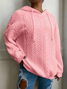 Sweatshirt Rajut Jacquard Warna Polos Kasual Longgar untuk Wanita Ukuran Plus, Cocok untuk Liburan Musim Semi - Merah Muda-1 - View 3