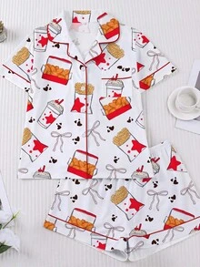 Two Piece Set Of Fried Chicken And French Fries Cola Printed Women's Pajamas, Made Of Milk Silk Material, Breathable And Soft, Including A Collared Shirt And Loose Elastic Shorts, Suitable For Family Gatherings, Birthday Gifts, Christmas Parties, Outdoor Activities - 白色 - 查看 1