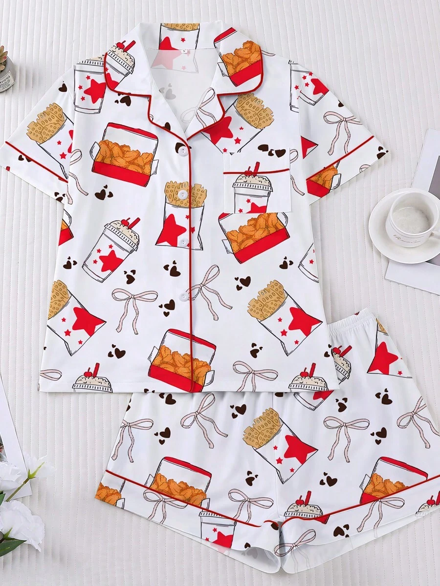 Two Piece Set Of Fried Chicken And French Fries Cola Printed Women's Pajamas, Made Of Milk Silk Material, Breathable And Soft, Including A Collared Shirt And Loose Elastic Shorts, Suitable For Family Gatherings, Birthday Gifts, Christmas Parties, Outdoor Activities - 白色 - 查看 1