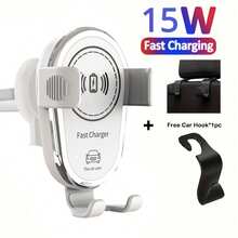 无线车载手机支架，一键释放，快速充电，手动夹式出风口安装，兼容 17/16/15/14/13/12/11/Pro/Max 及更新机型，支持无线充电，带 USB 接口，男女通用，附带 2 个车载挂钩