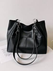 Multi-Pocket Solid Color Chain Handbag & Shoulder Bag - Black - View 8