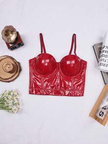 Apperloth A Y2K风格红色束身胸衣，PU皮革材质，钢骨收腰，女士吊带露背系带短款吊带背心，适合万圣节、圣诞节、锐舞派对等场合。 - 酒紅色 - 查看 6