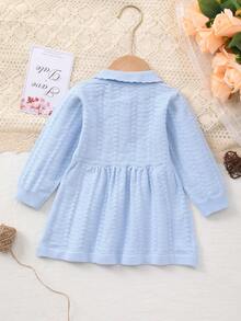Baby GirlCasual Elegant Hollow Out Collared Half-Zip Long Sleeve Knit Dress, Light Blue, Suitable For Outings And Gatherings, Graceful And Charming - Baby Blue - View 2