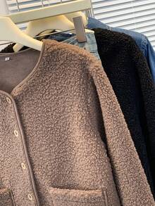 YUXIN Women's Autumn/Winter Faux Sherpa Fleece Jacket, Minimalist Round Neck Single-Breasted Design, Decorated With Dual Pockets, Multiple Colors Available, Suitable For Casual Daily And Commute Wear, Faux Fur Outerwear - Camel - View 8