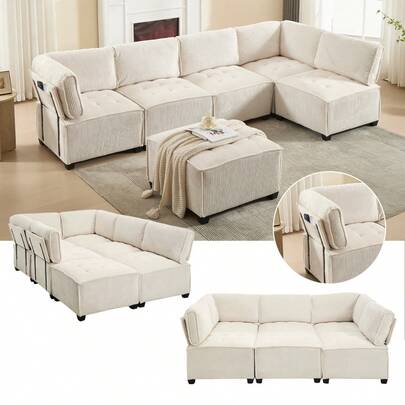 Long Sofa 308, 6-Seater Sofa, Corduroy, Ergonomic, With Storage Pockets, Flexibly Combinable As A U/L-Shaped Sofa/Sofa Bed, Stable Wood And Metal Frame, Easy Assembly, Beige