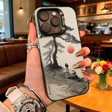 Carcasa para iPhone con diseño de árbol y sol rojo en estilo acuarela gris y blanco para uso diario en cafeterías - Blanco - Ver 1