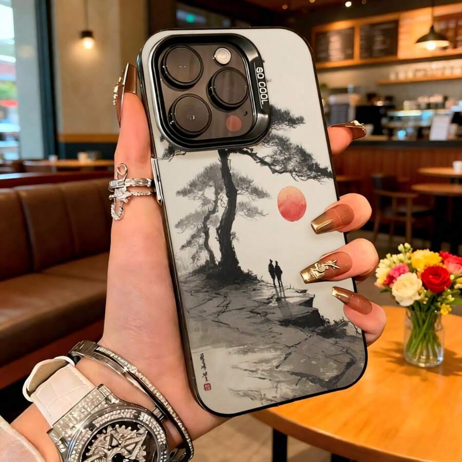 Carcasa para iPhone con diseño de árbol y sol rojo en estilo acuarela gris y blanco para uso diario en cafeterías - Blanco - Ver 1