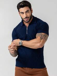 TRICOT DE LUXO Camiseta tricot gola polo com ziper masculino leve texturizado alta qualidade Primavera verão outono qualidade premium - Azul Marinho - Visão 8
