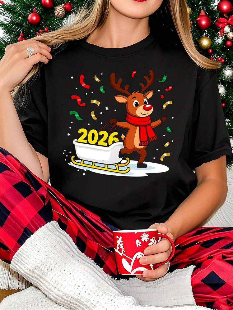 Alegría navideña Celebrando el Año Nuevo Trineo con Estampado de Patrón '2026' Camiseta de Moda Casual de Cuello Redondo para Mujeres Primavera Verano - Negro - Añade 1