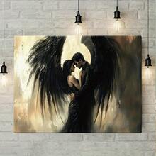 1pcs,Framed Wall DecorEthereal Dark Fantasy Angel Couple Canvas Art - Romantic Embrace With Black Wings Print, Gothic Home Decor For Bedroom & Living Room, Modern Dramatic Artwork - 彩色 - 查看 2
