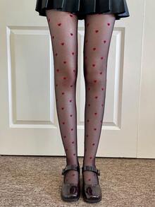 1 Pair Sexy & Romantic Red Heart Jacquard Pantyhose, Suitable For Daily Wear, Valentine's Day, Parties - Multicolor - View 2