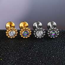 Giga 1PC ASTM F136 钛金属 16G 迷你串珠唇钉，无螺纹 CZ 花朵平底耳钉，适用于耳屏、耳软骨、耳廓、鼻部等部位的穿孔，经典款，女士适用 - 銀色 - 查看 11