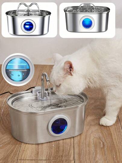 3.2升/108.2盎司不锈钢猫咪饮水器，带水位视窗，适用于室内小型/中型猫狗，USB供电（不含适配器），可更换滤芯