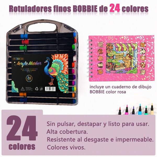 Marcadores acrílicos de 24 colores, punta suave, rotuladores de acuarela para grafiti con puntas finas apilables. Ideales para scrapbooking, papel negro, pintura sobre piedra, cerámica, vidrio, madera, tela, lienzo, tazas, manualidades navideñas y materiales de arte. Uso profesional, ideales para la vuelta al cole y proyectos creativos de bricolaje de temporada.