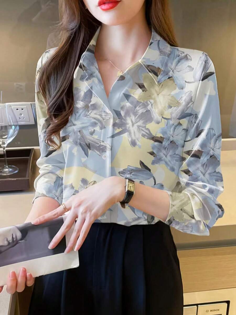 Áo sơ mi nữ dài tay in họa tiết hoa thanh lịch bán chạy nhất, thích hợp mặc ở nhà và đi nghỉ mát mùa xuân. - Màu xanh nhạt - Xem 1