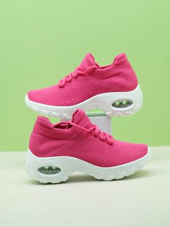 Kids' Casual Lace-Up Cushioned All-Black Air Cushion Dance Sneakers, Knit Sock Shoes