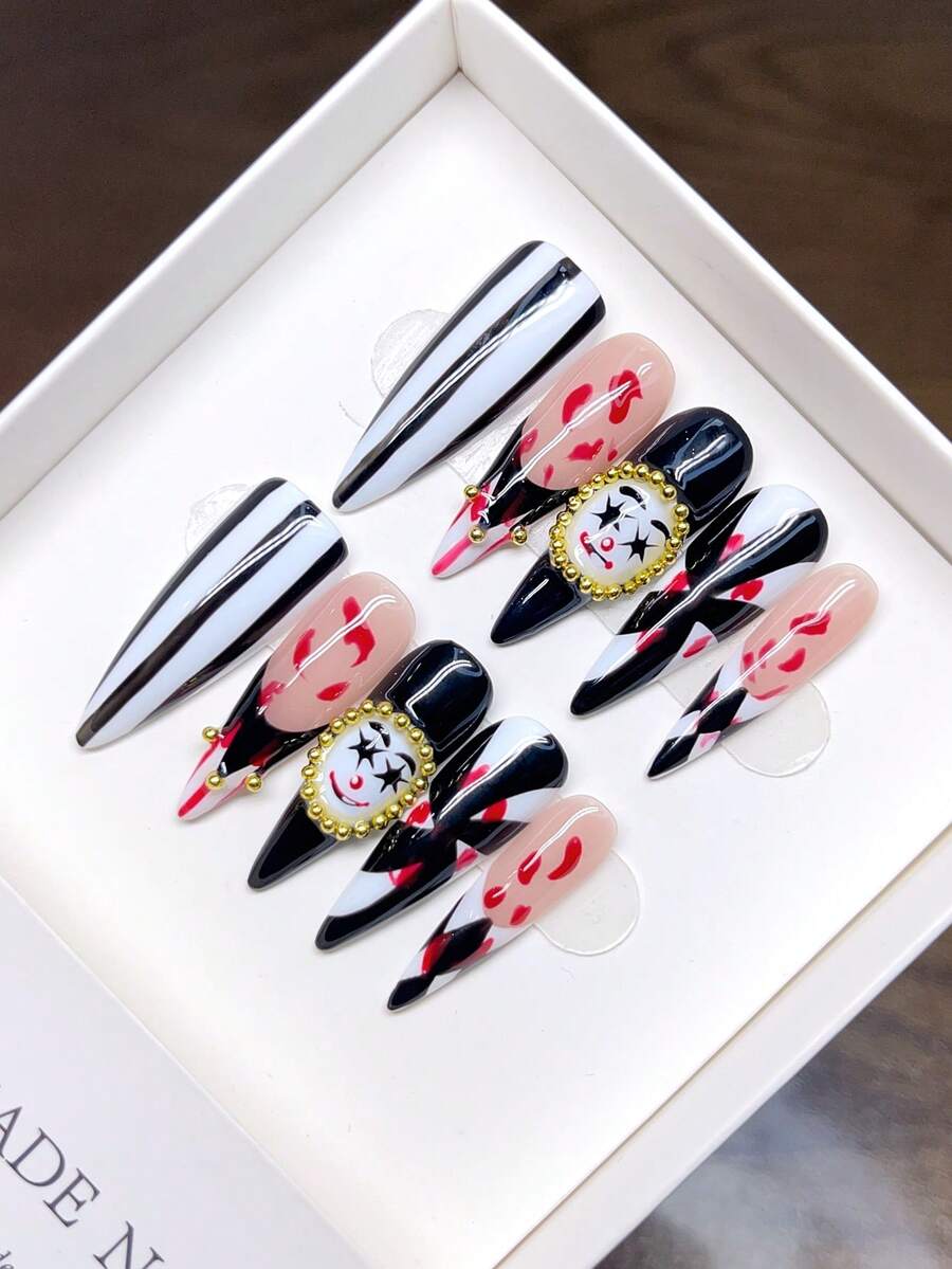 纯手工可佩戴美甲高跟鞋造型；手绘小丑卡通个性化秋冬美甲；高品质气质简约美甲，全覆盖假指甲美甲用品手工按压式美甲