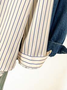 YUXIN 女士春秋季趣味卡通兔子印花蓝色条纹衬衫，宽松休闲办公百搭修身长袖上衣 - 杏色 - 查看 12