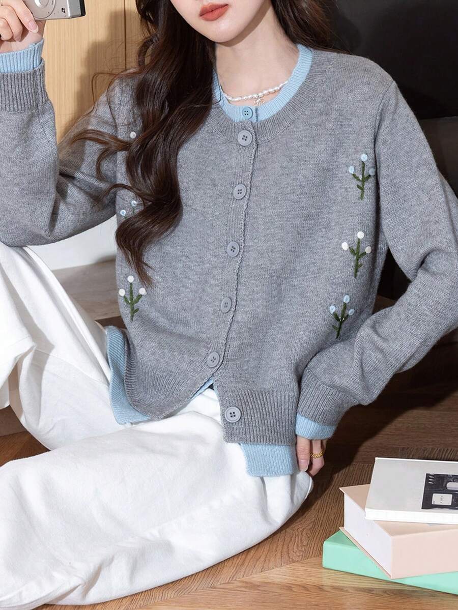 Women's Autumn/Winter Gentle Floral Embroidery Round Neck Sweater Cardigan, 2 In 1 Design - Grey - View 1